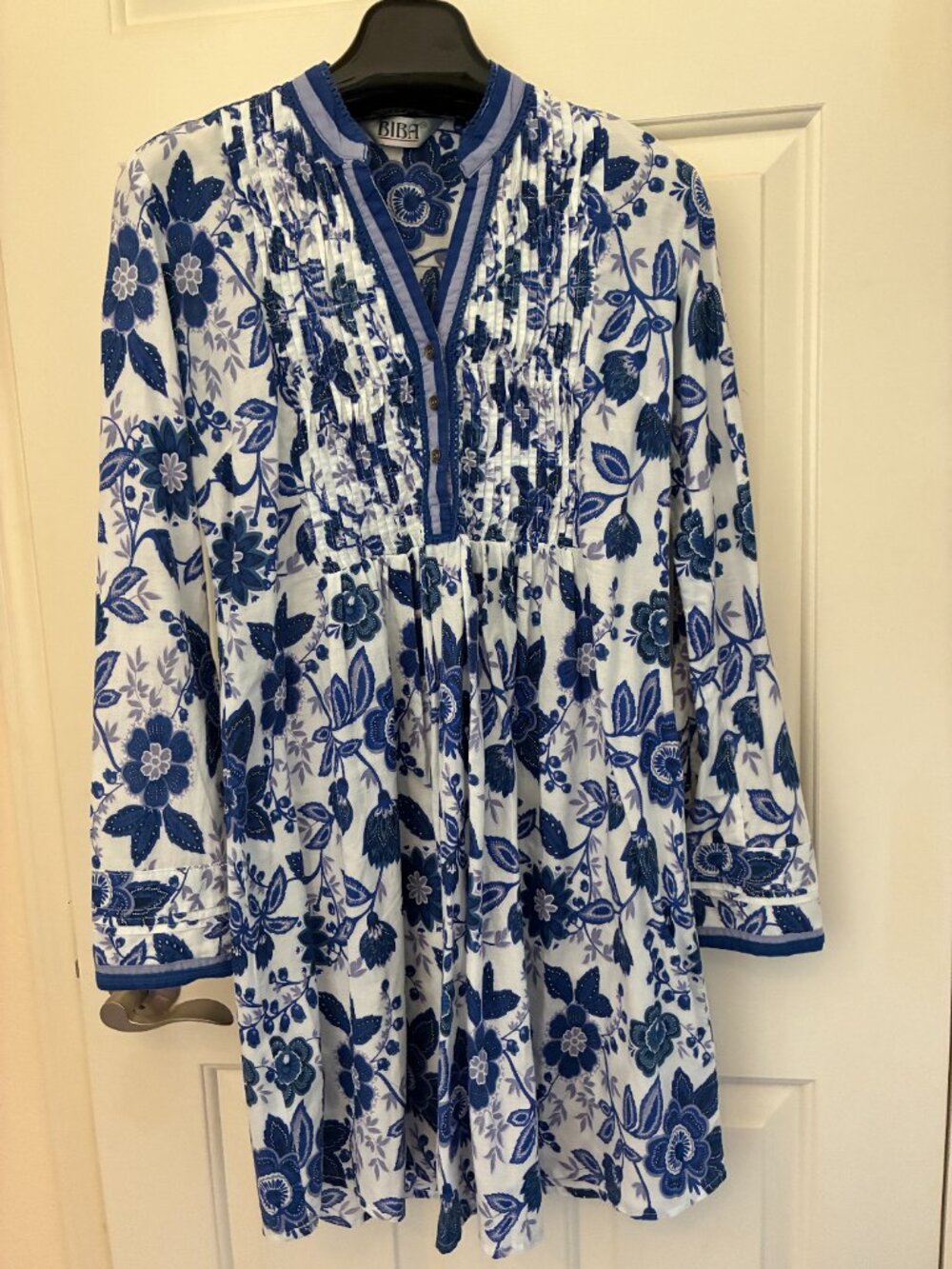 BIBA Blue and White Boho Tunic Dress 100% Cotton Size S- Made in India